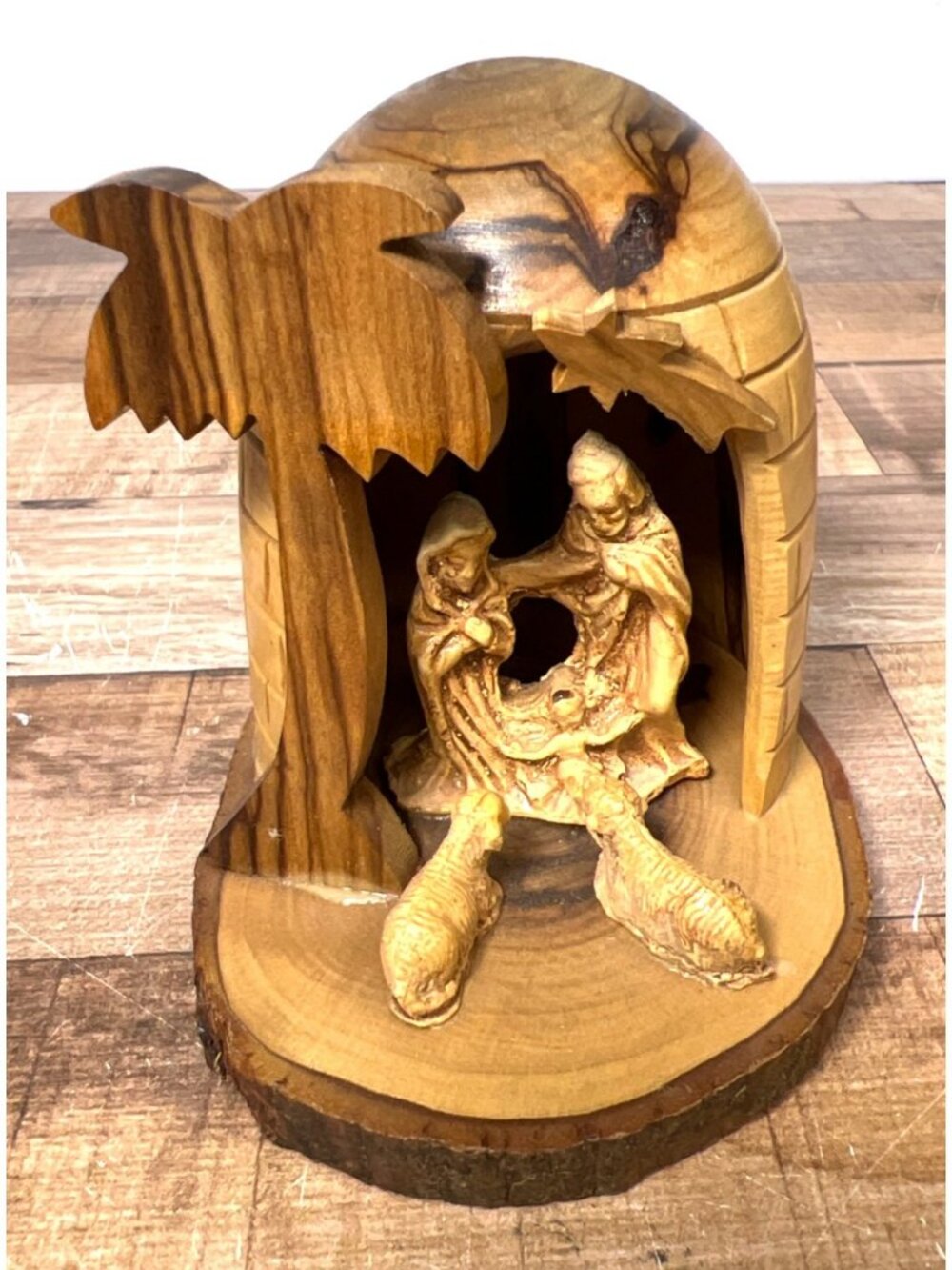 Handcrafted Olive Wood Nativity Scene With Stable & Palm Tree